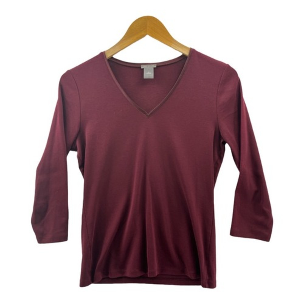 Ann Taylor Top Women Medium Burgundy Excellent Pima Cotton Satin Trim V-Neck
